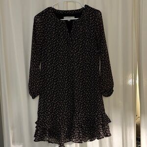 LOFT Black Floral Long Sleeve Ruffle Hem Dress